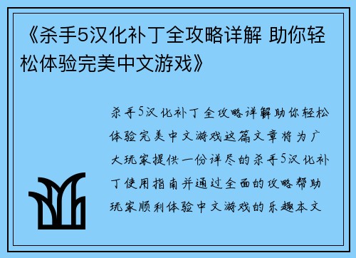 《杀手5汉化补丁全攻略详解 助你轻松体验完美中文游戏》
