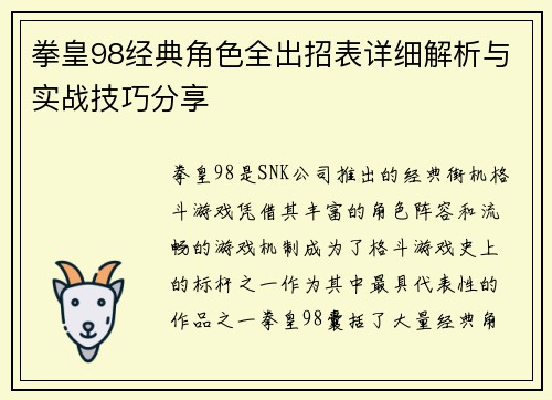 拳皇98经典角色全出招表详细解析与实战技巧分享